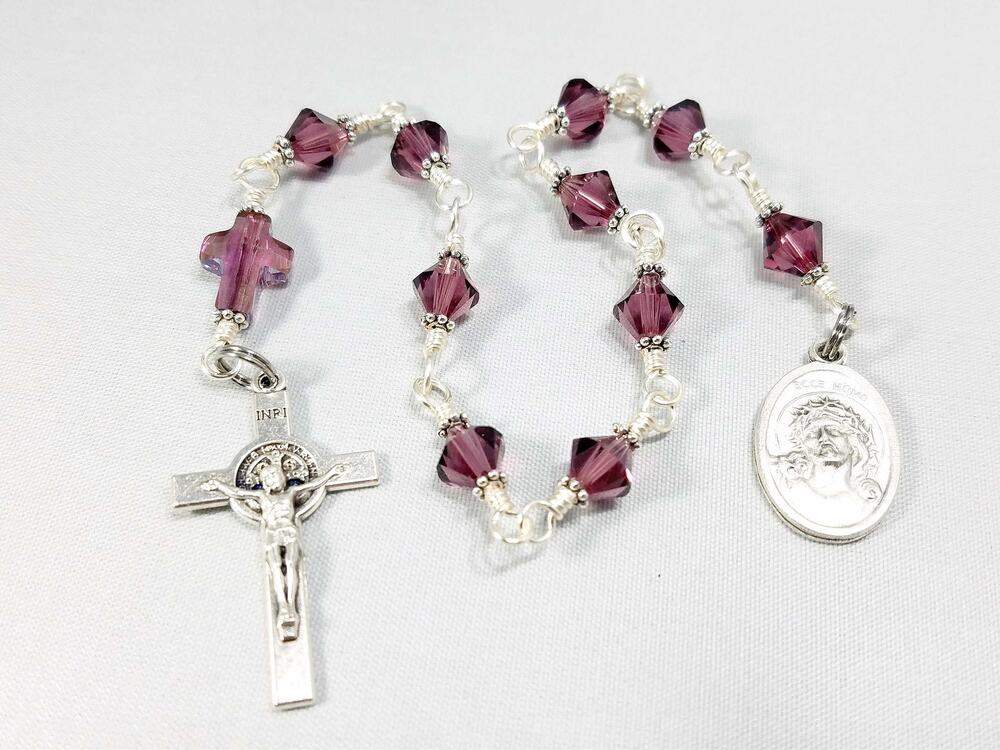 Ecce Homo One Decade Rosary Purple Swarovski Cross St. Benedict Crucifix